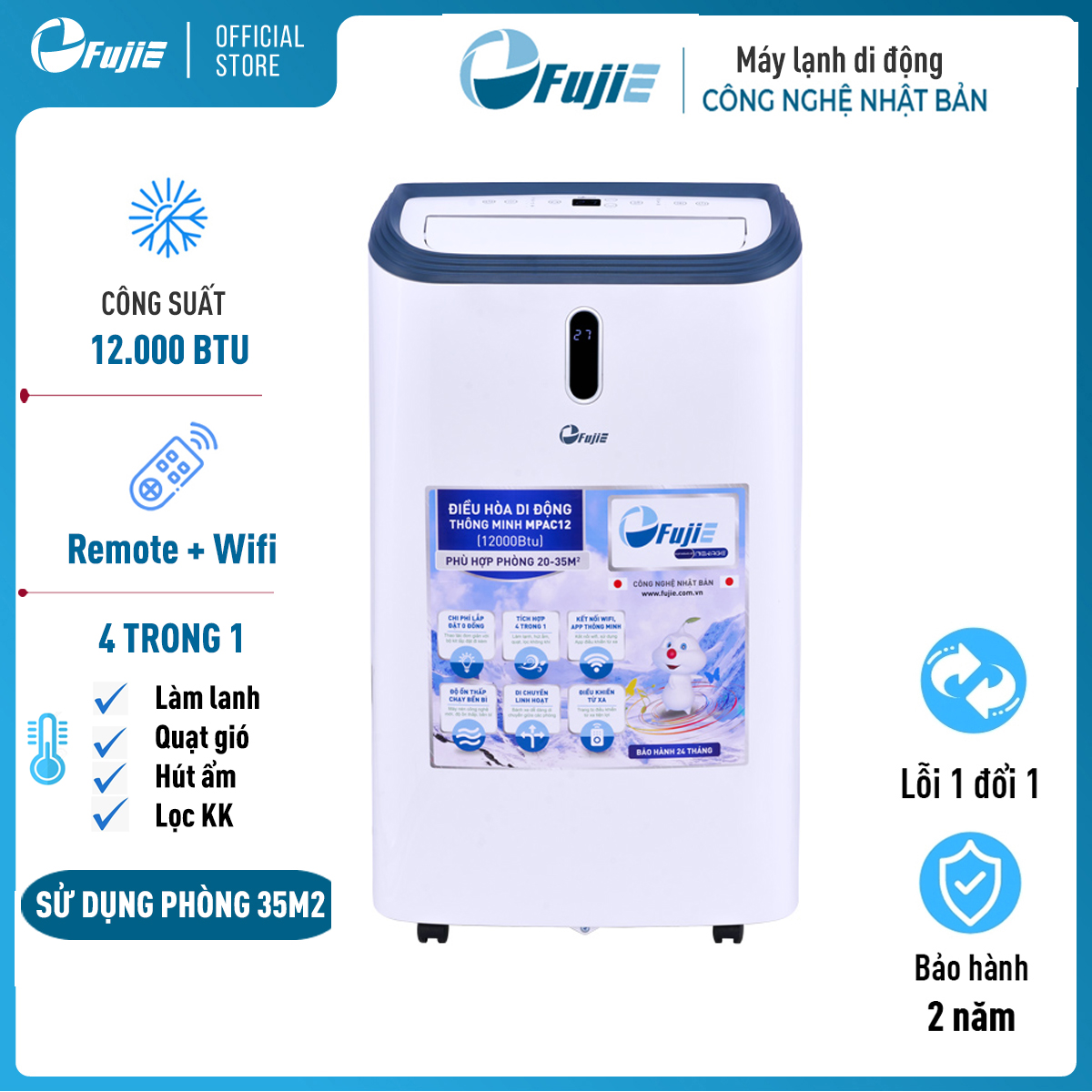 Máy lạnh di động 12.000 BTU FujiE, điều hòa di động mini thông minh điều khiển qua App không cần lắp đặt - Hàng chính hãng