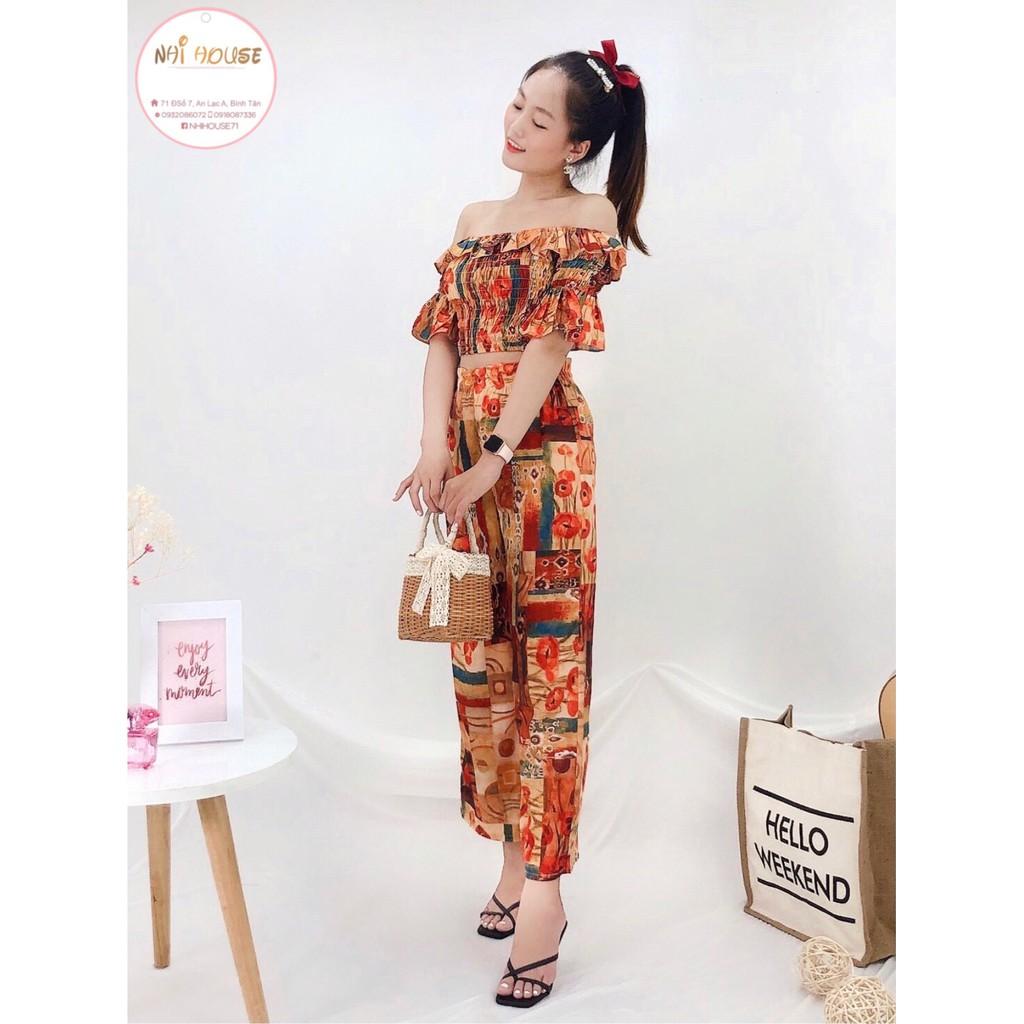 SET ĐỒ NỮ ĐI CHƠI THỔ CẨM NHIHOUSE71 ÁO BẸT VAI QUẦN ỐNG RỘNG FREESIZE DƯỚI 55KG