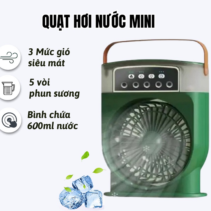 Quạt Tích Điện Phun Sương 600ml, Hàng chính hãng MINI COOLING FAN/ làm mát không khí để bàn làm việc, phòng ngủ, có thể xông tinh dầu, có ngăn đá kèm đèn led, hẹn giờ