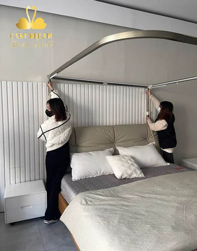 Màn khung không khoan tường tăng chỉnh được chiều cao cao có dây kéo ròng rọc cao cấp EASY DREAM chống muỗi kiểu dáng công chúa