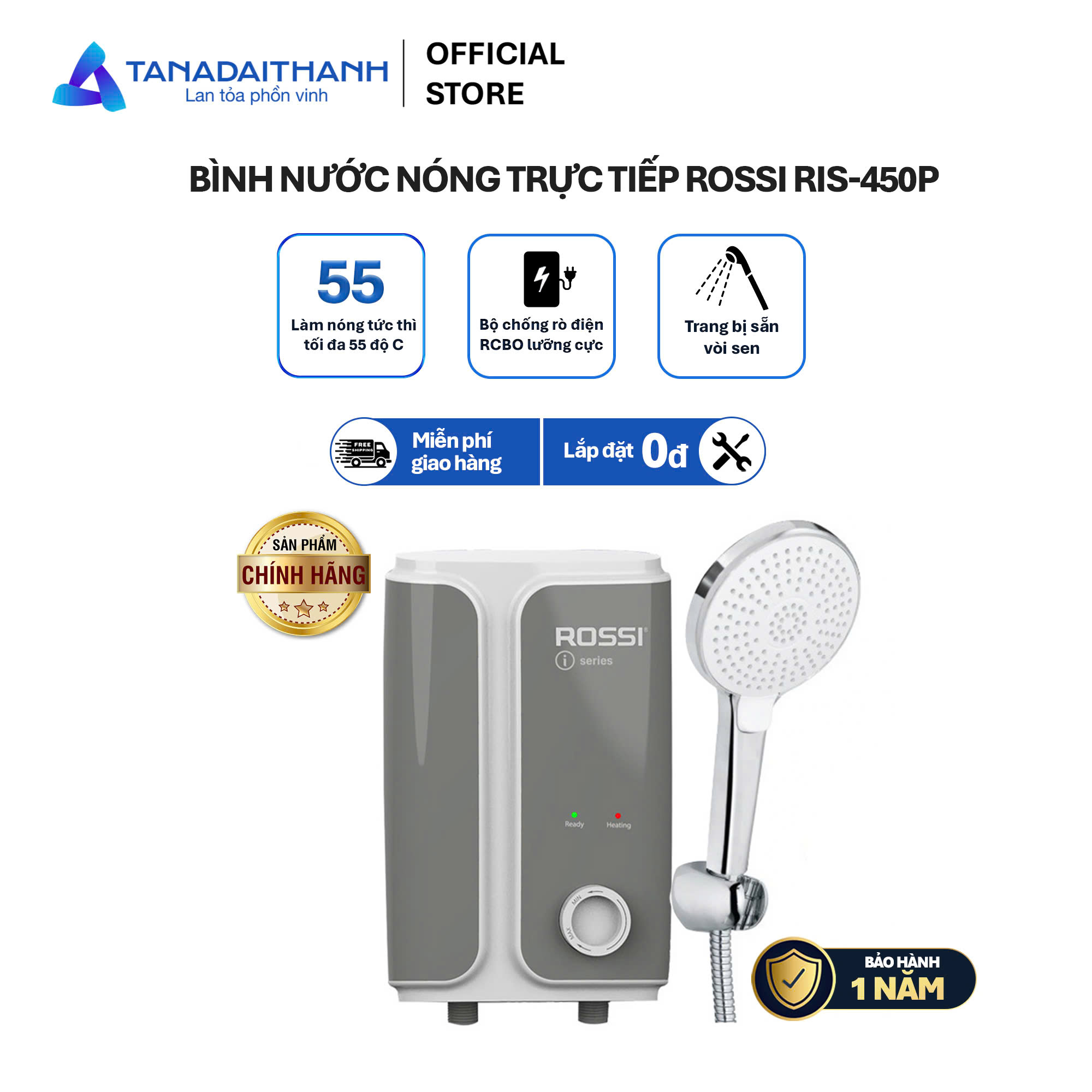 Bình nước nóng trực tiếp Rossi RIS-450P có bơm - Hàng chính hãng, Bảo hành 1 năm, Giao hàng toàn quốc
