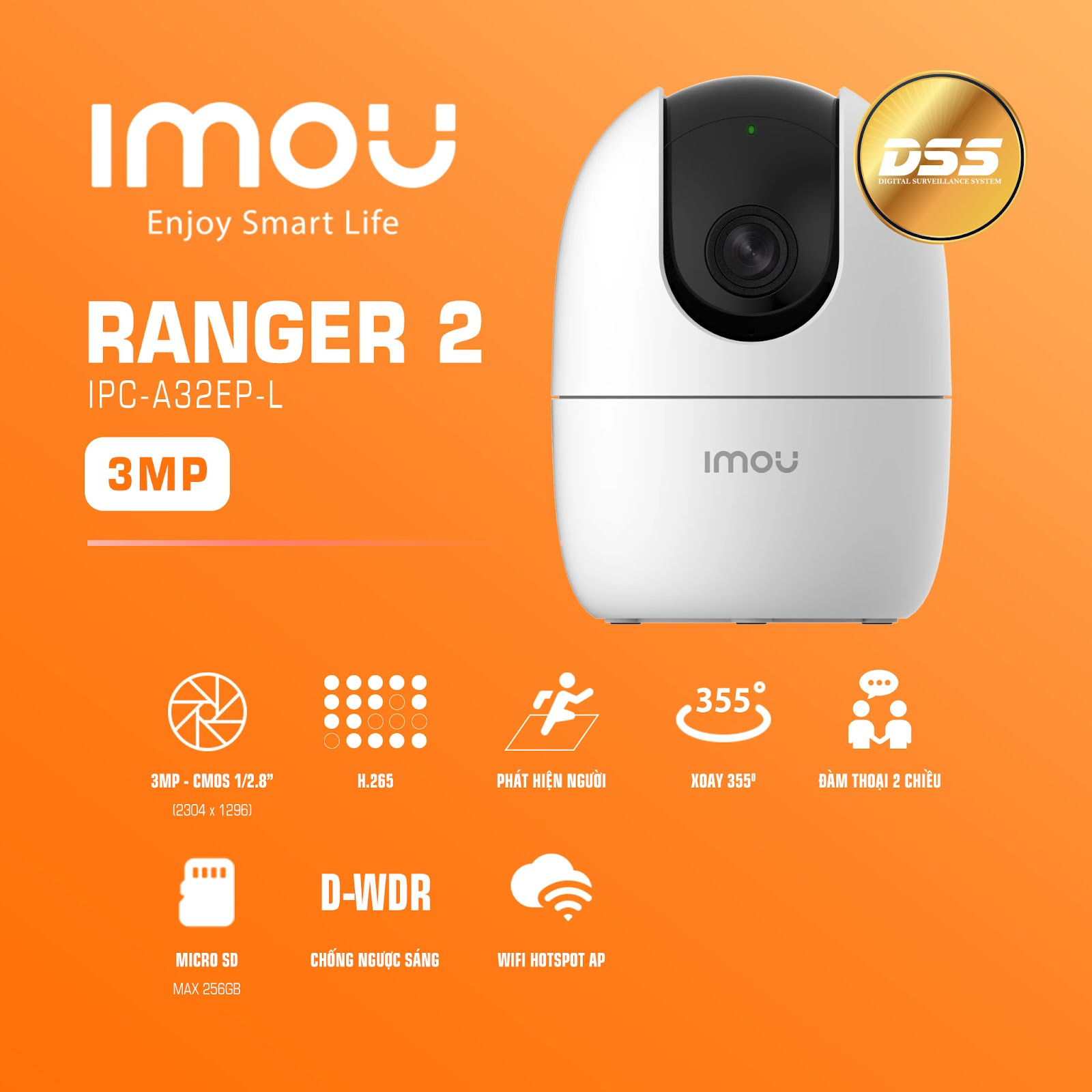 Camera WiFi Imou A32EP L 3.0MP (2K) [Kèm thẻ nhớ 64GB] Chuẩn nén H.265 Đàm thoại 2 chiều Quan sát ngày đêm Xoay 360° - Hàng chính hãng DSS phân phối