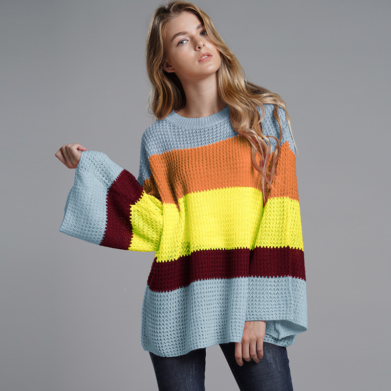 Women Loose Striped Knitted Pullover Sweater Rain-bow Contrast Color Bell Long Sleeves O Neck Knitting Top