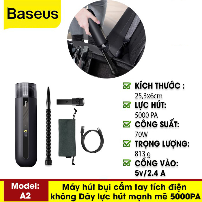 Máy Hút Bụi Pin Sạc Cầm Tay Dùng Cho Xe Hơi Baseus A2 Car Vacuum Cleaner ( 70W, 5000Pa, Vacuum Portable Cleaner For Car ) - Hàng Chính Hãng