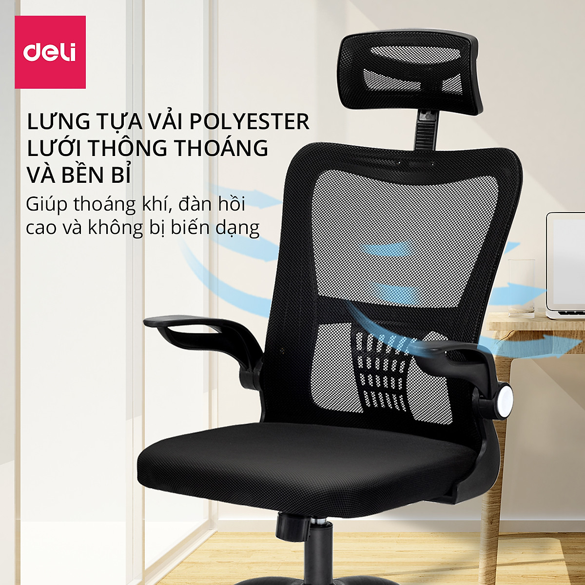 Ghế Xoay Văn Phòng Ngồi Làm Việc Công Thái Học Có Tựa Đầu Deli - Tay Gập Thông Minh, Có Ngả Lưng, Lưới Thoáng Khí, Chân Xoay Tiện Ích, Đệm Ghế Êm Aí - Phù Hợp Học Sinh, Văn Phòng, Game Thủ, Gaming - Hàng Chính Hãng