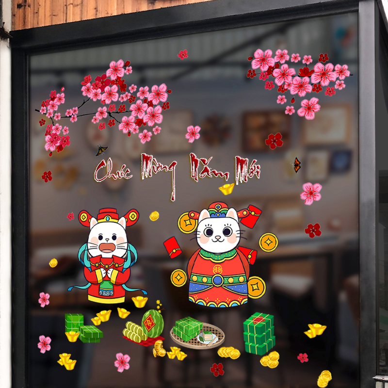 Decal dán tường, dán kính-trang trí TẾT 2023- Mèo may mắn cành đào hồng