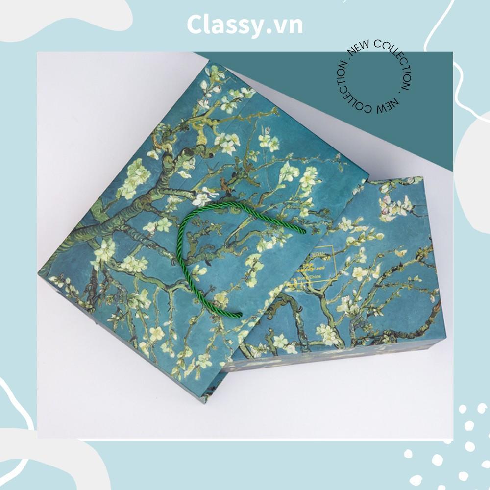 Túi giấy họa tiết hoa tuyết mai Classy màu xanh cớ lớn, làm quà tặng, đựng hoa, đi shopping tiện lợi Q1501