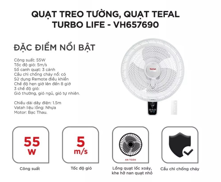 Quạt treo tường, quạt Tefal Turbo Life VH657690 - 55W, 3 chế độ gió- hàng chính hãng