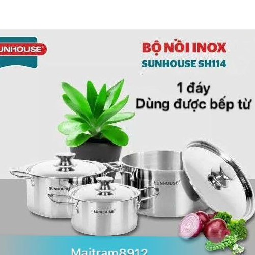 BỘ 3 NỒI INOX 1 ĐÁY SUNHOUSE SH224 - DÙNG ĐƯỢC MỌI LOẠI BẾP, KỂ CẢ BÊP ĐIỆN TỪ.