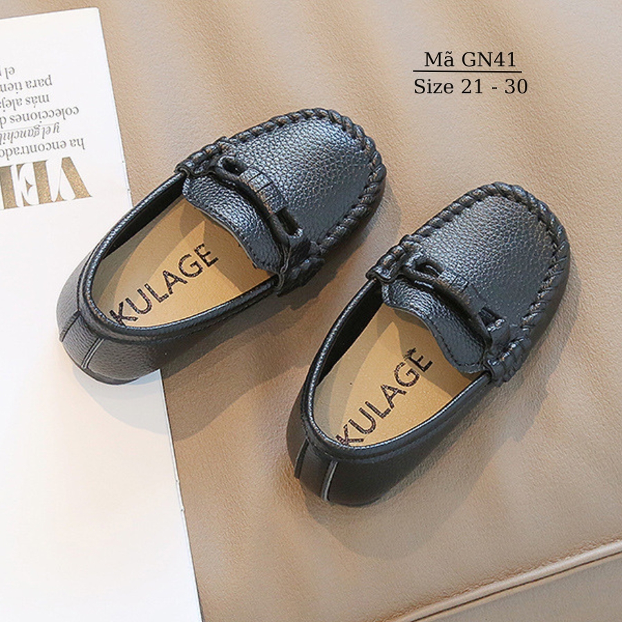 Giày lười moca màu đen da lì cho bé trai 1 - 5 tuổi êm nhẹ chống trơn mặc vest đi tiệc, chụp ảnh, biểu diễn GN41