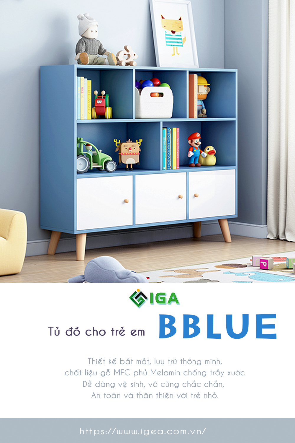 Tủ Sách 3 Tầng Cho Bé Màu Xanh Cánh Trắng Phong Cách Nordic Hiện Đại  GP141