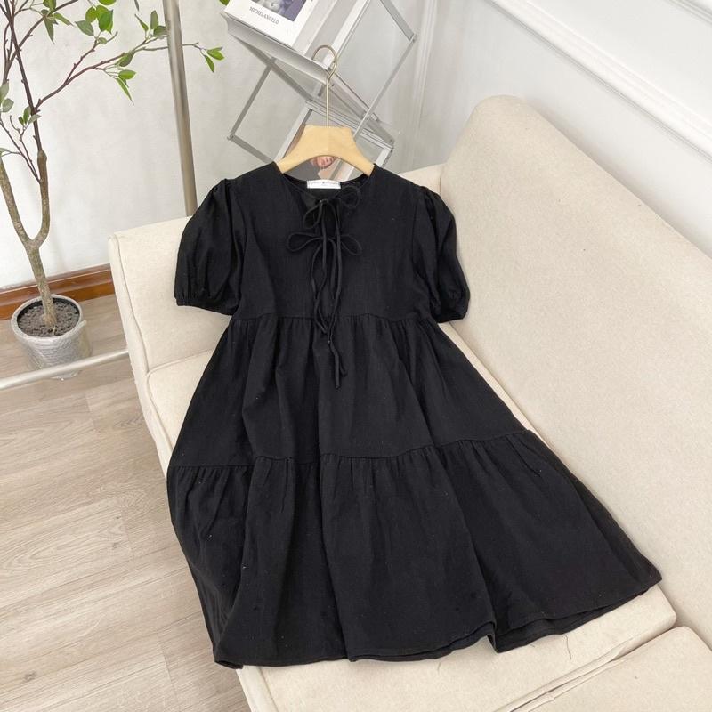 Đầm Babydoll Nữ Buộc Nơ Cộc Tay Dáng Ngắn Váy Đũi Lụa Nữ Dây Nơ Dáng Suông 3 Màu 