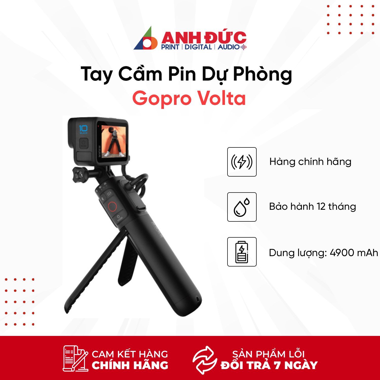 Tay Cầm Sạc Pin GoPro Volta Cho Máy Quay GoPro 9 10 11 - Hàng Chính Hãng