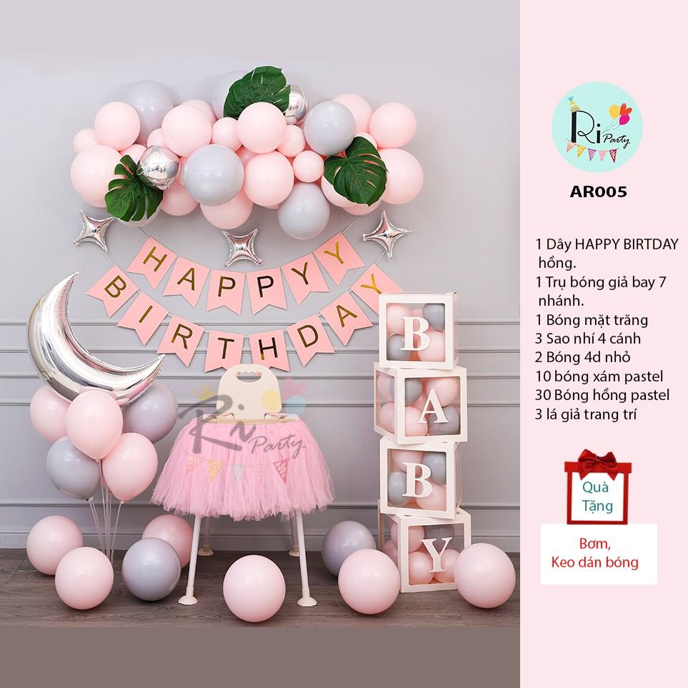 Set trang trí sinh nhật bé gái tone hồng pastel AR005