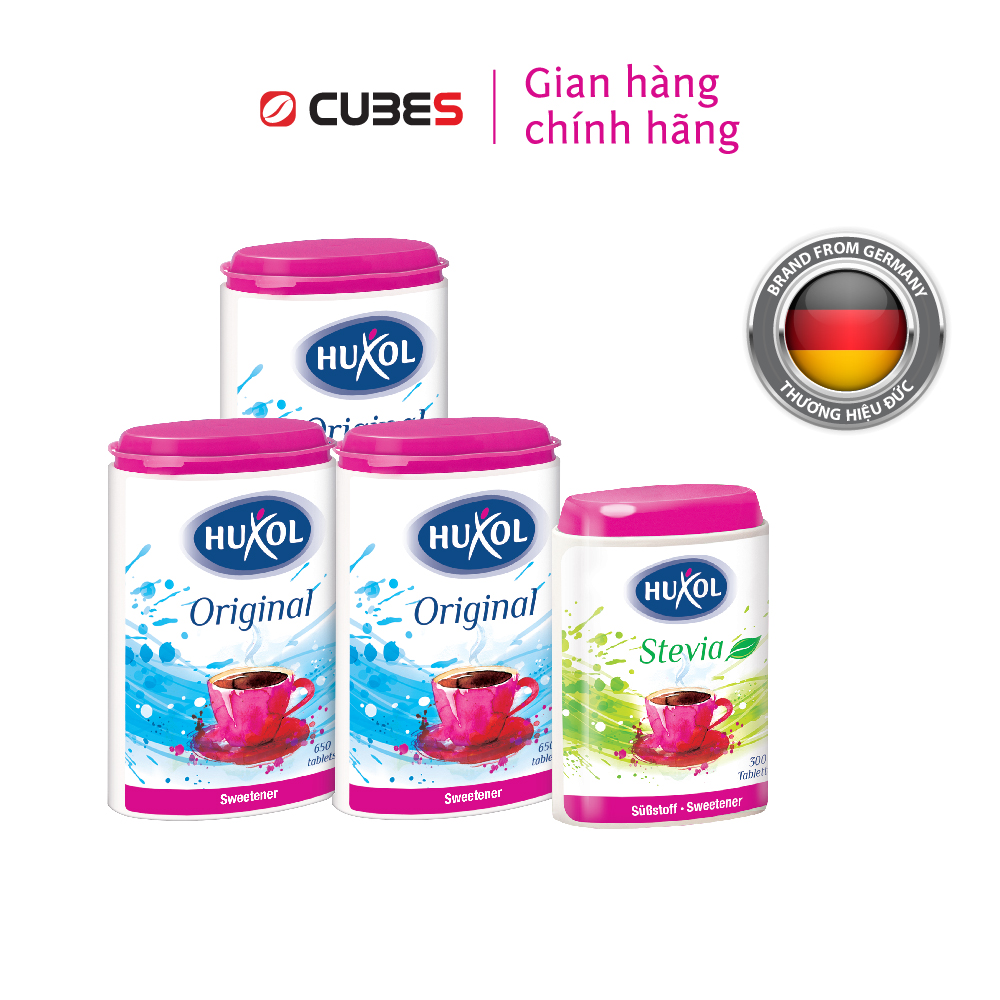 Combo Đường Ăn Kiêng Sweetener Huxol -1xCỏ Ngọt Stevia 300v-3xOriginal 650v - Nhập khẩu từ Đức - Dành cho người tiểu đường, giảm cân, cao huyết áp