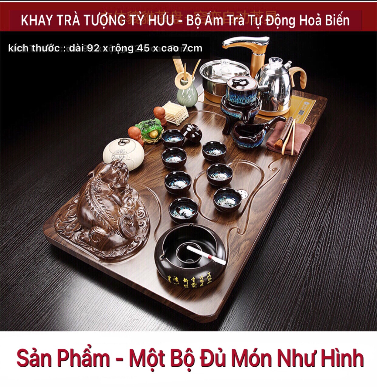  bộ bàn trà điện thông minh đa năng tự động , khay trà đạo Tượng tỳ hưu -TH11 , khung gỗ cao cấp một bộ đủ món như hình ( Tặng kèm xô nhựa đụng nước )