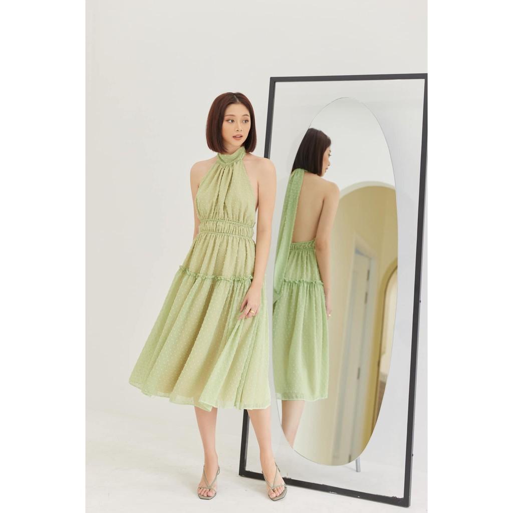 ĐẦM MAXI XANH MINT CỔ DÂY CỔ TRÒN HỞ LƯNG SAU DÁNG XÒE PHỐI BÈO TẦNG