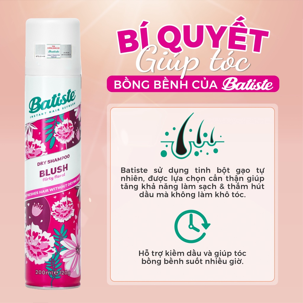 Dầu Gội Khô Batiste Hương Hoa Quyến Rũ - Batiste Dry Shampoo Floral &amp; Flirty Blush 200ml