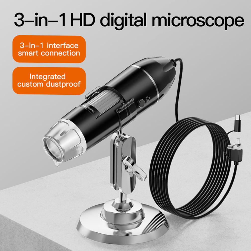 3 In 1 Interfaces Microscope 1080P 300000 Pixels 1000X Portable Digital Microscope Photo Video Modes Multi-function Microscope Computer Mobilephone Connecting 360° Bracket 8 LED Adjustable Fill-light for Daily Observation