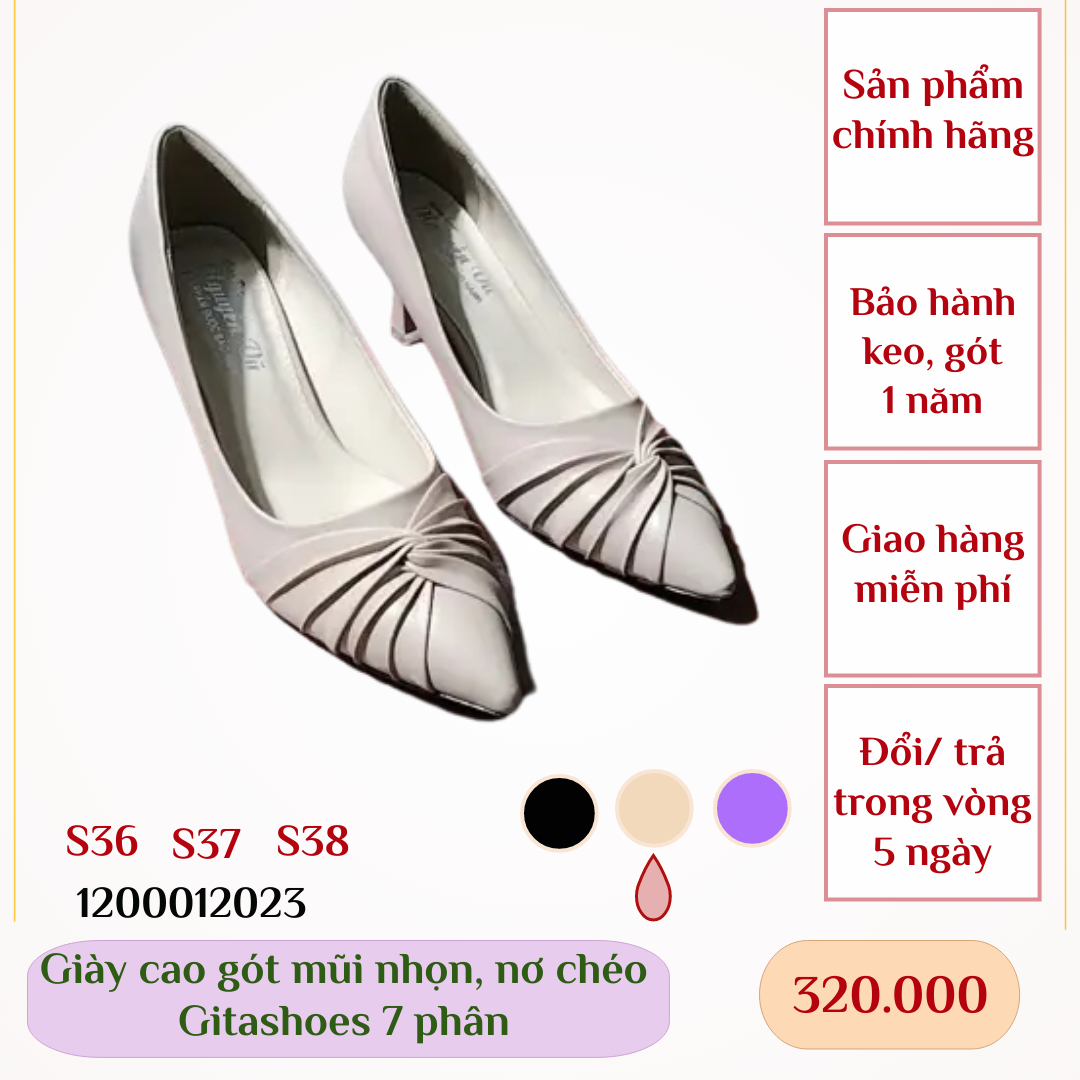 Giày cao gót mũi nhọn, nơ chéo Gitashoes 7 phân- 1200012023