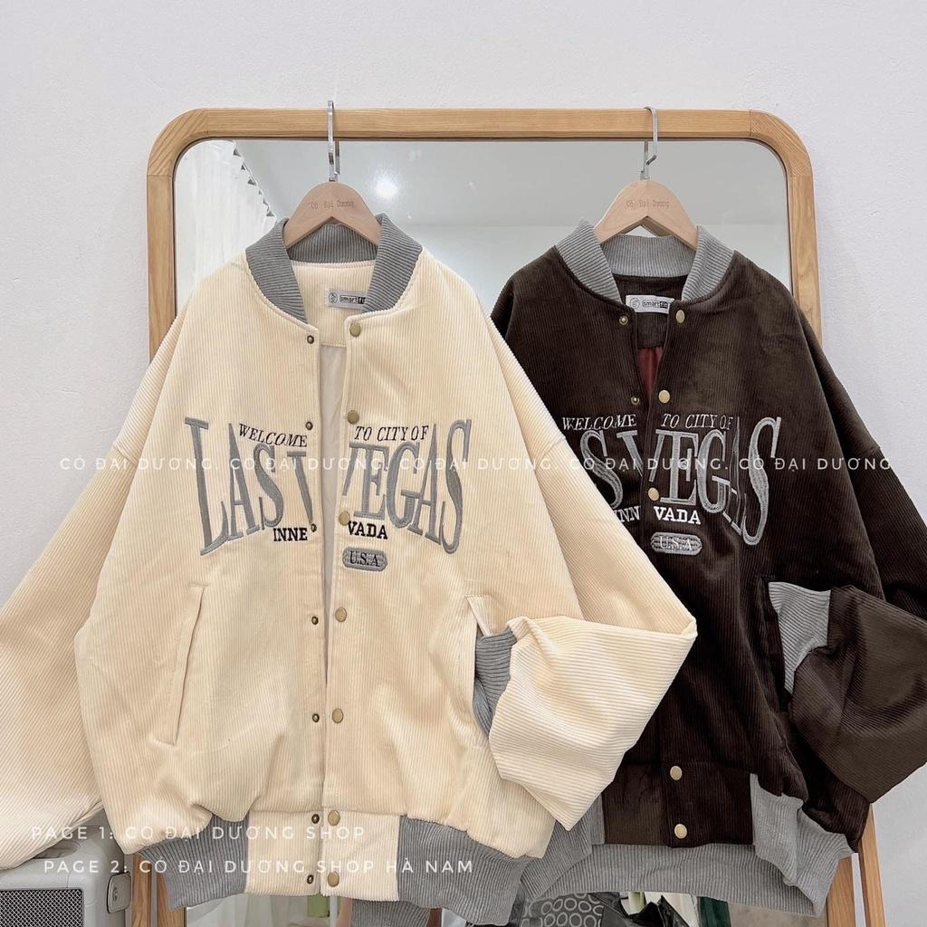 Áo Khoác Nhung Kiểu Bomber 2 lớp Lót Dù Logo Thêu Nổi Chữ LASVEGAS Phong Cách Ulzzang Cute Cá Tính Hot Trend Mới