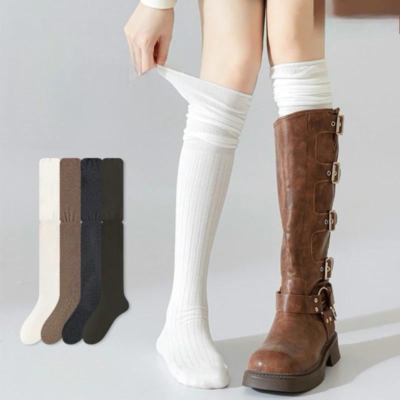 Tất đùi, TẤT DÀI QUA GỐI VIỀN NHÚN GÂN TĂM cao cổ JK, tất nhún đi boot, vớ đùi dài qua gối thời trang chất liệu cotton