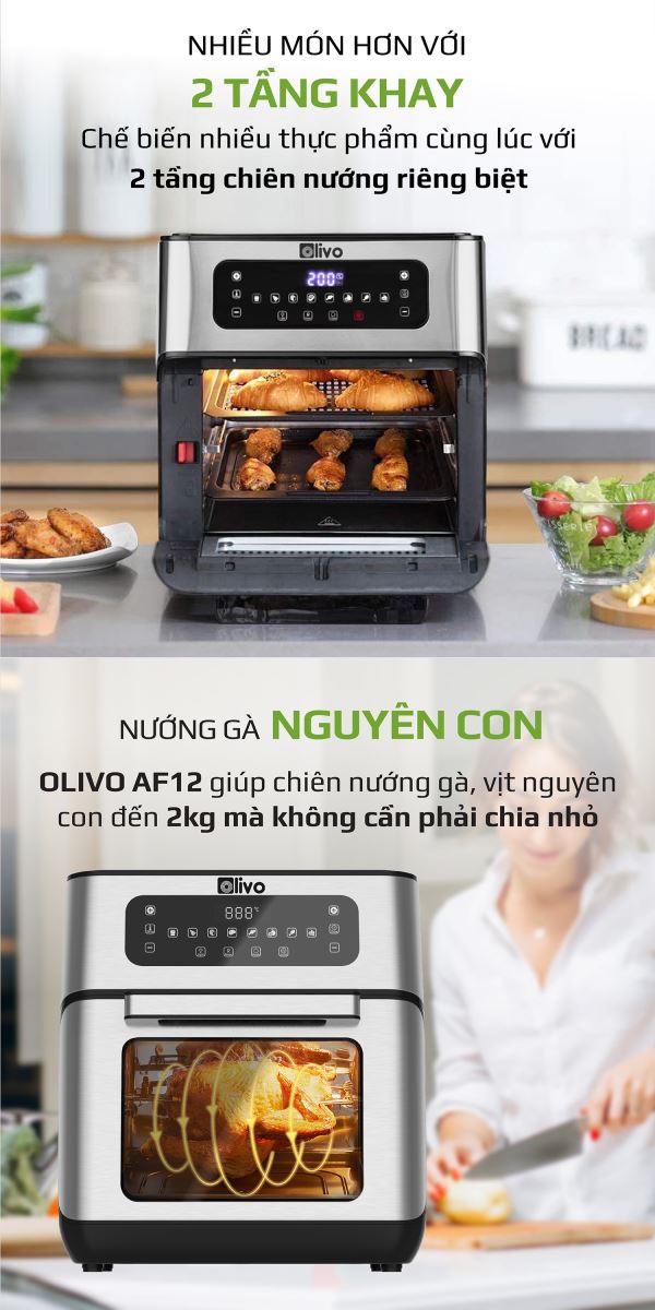 Nồi Chiên Không Dầu OLIVO AF12 - 8 Chức Năng - Dung Tích 12L - Công Suất 1800W - Thương Hiệu Mỹ