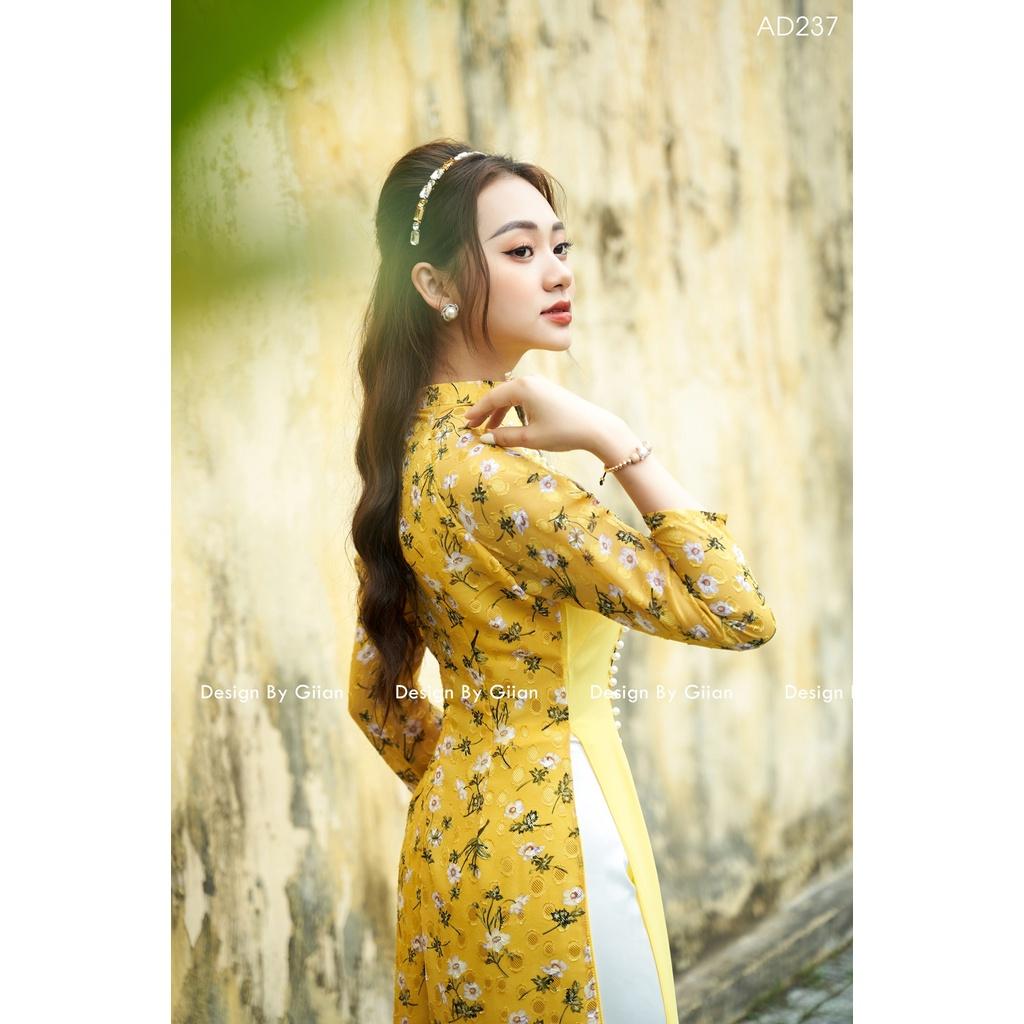 Áo dài hoa nhí vàng tà phối lụa siêu cấp nhà MINH ANH Fashion CỐ MAY SỐ ĐO