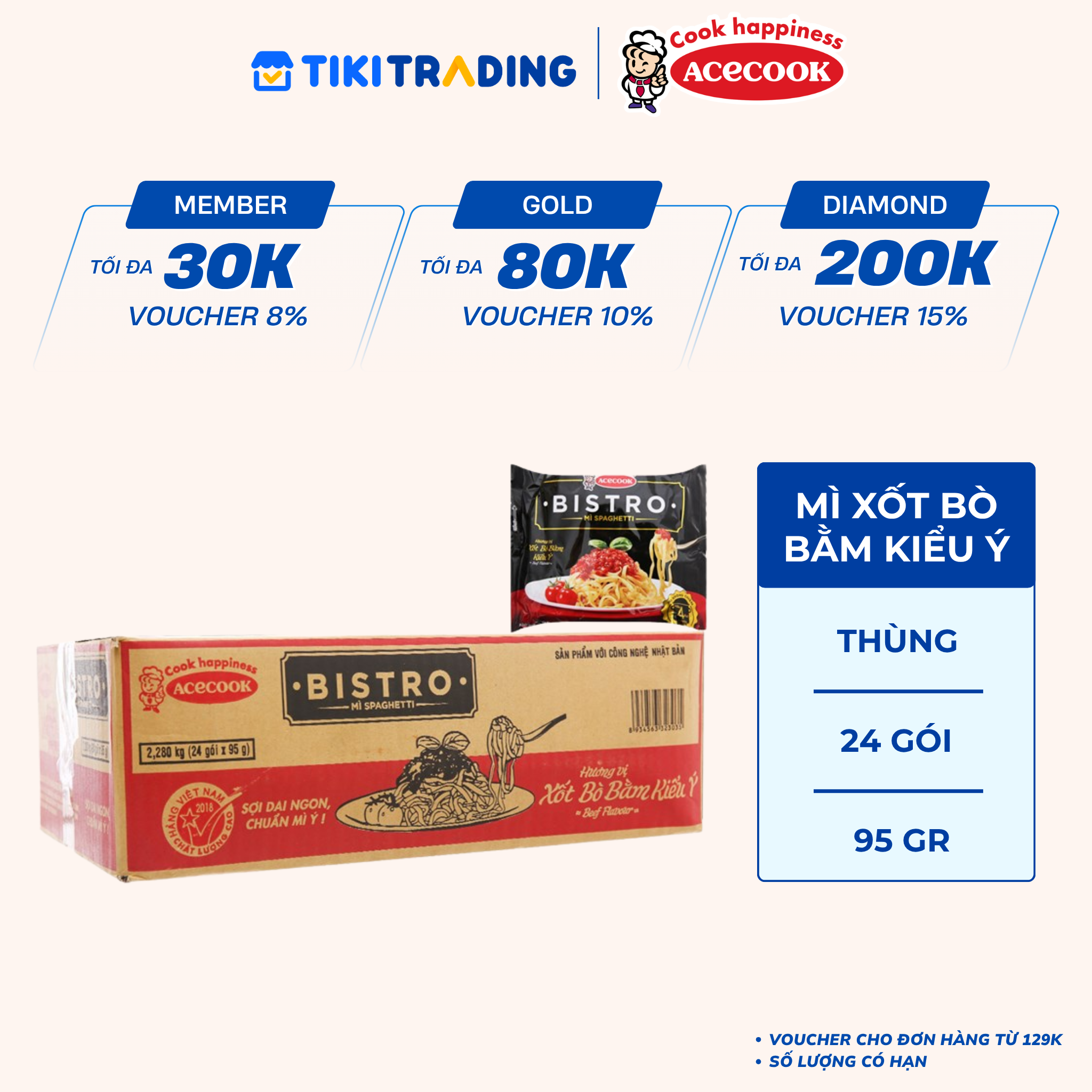 Thùng 24 Gói Mì Spaghetti Bistro Hương Vị Xốt Bò Bằm Kiểu Ý Acecook (95gr x 24 Gói)