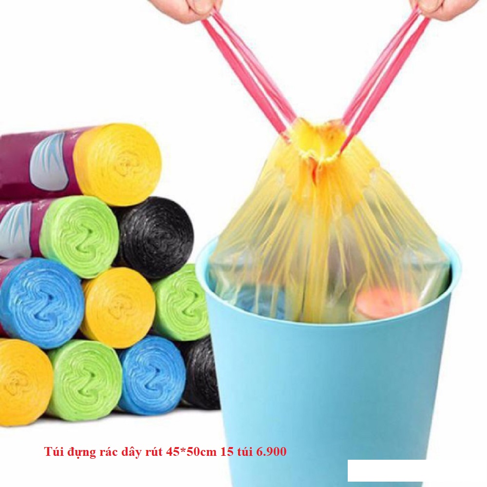 Combo 8 cuộn Túi đựng rác có quai rút tiện lợi kích thước 45x50 cm túi đựng rác tự phân hủy siêu dai 15 túi/cuộn