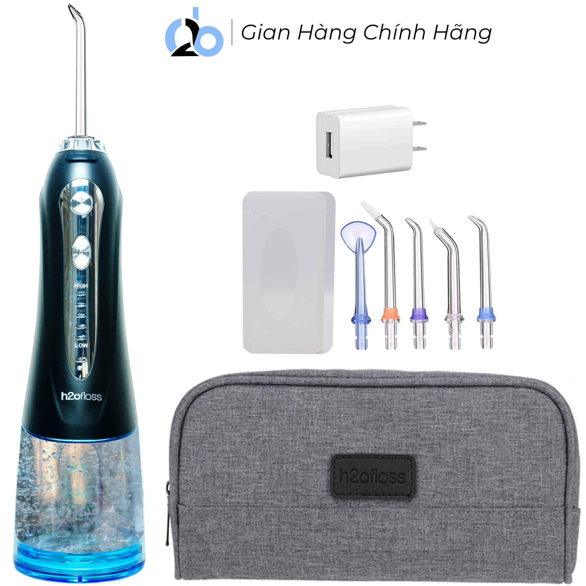 Tăm nước cầm tay H2ofloss HF-2 phiên bản nâng cấp được phân phối độc quyền với nút mở bình nước tiện lợi, tặng kèm 7 đầu tăm, củ sạc nguồn thấp – HF9p đen