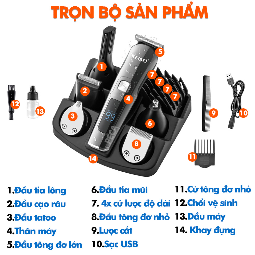 Tông đơ cắt tóc đa năng 11in1 Kemei KM-8508 nhiều đầu thay thế dùng cắt tóc, chấn viền, cạo râu, cạo lông, tỉa lông mũi, cạo chân mày,...có màn hình LED hiển thị điều chỉnh 2 mức tốc độ sạc nhanh 2h