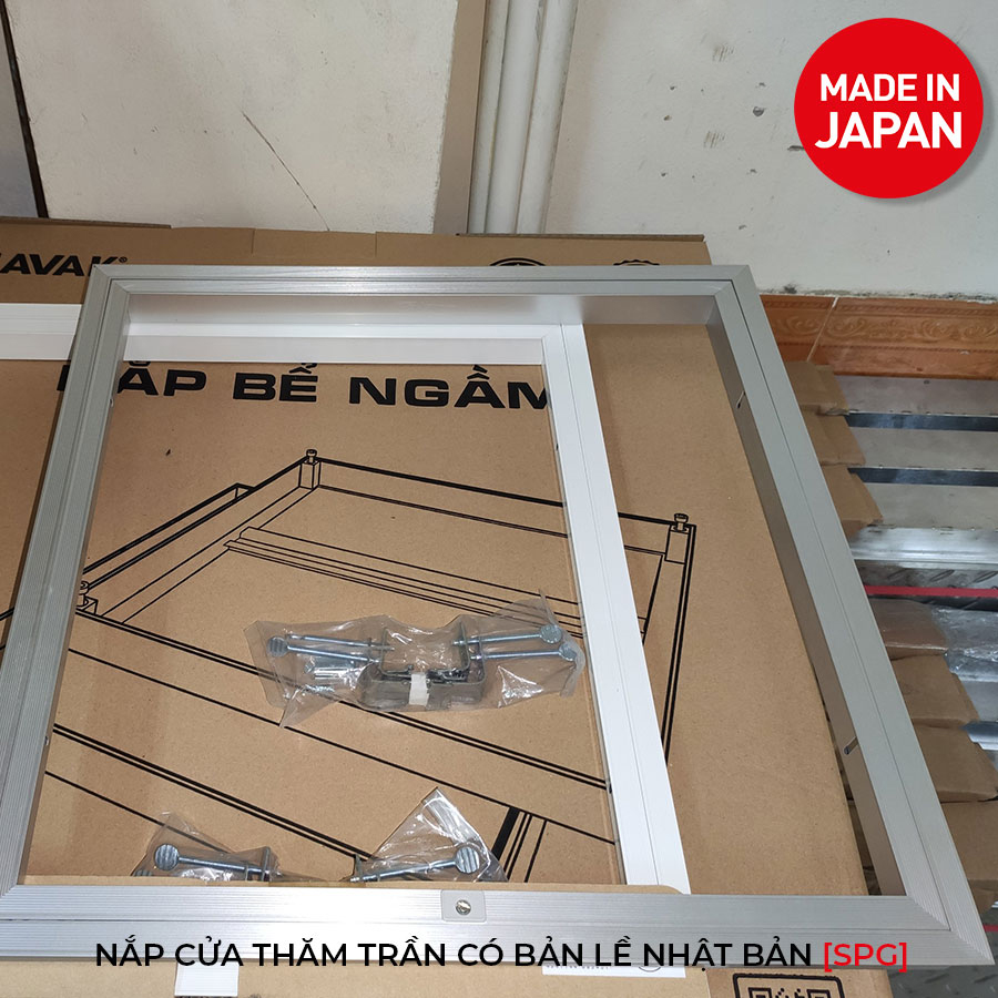 Nắp cửa thăm trần thạch cao 45x45cm SPG-68345 - Nhật Bản, Khung nhôm có bản lề mở thả xuống, sơn tĩnh điện màu Trắng.