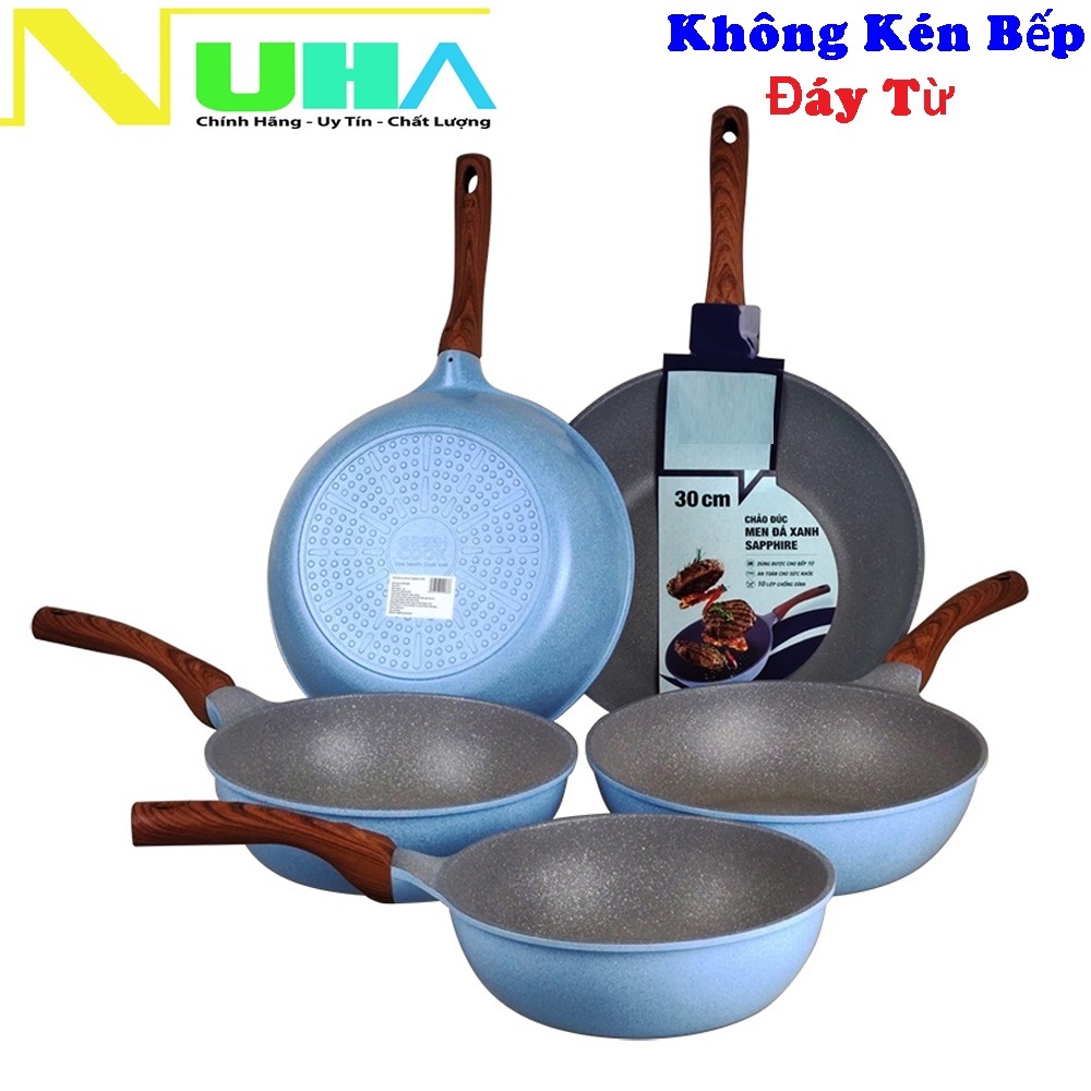 Chảo chống dính men đá xanh Sapphire 10 lớp Greencook GCP09 dùng được bếp ga, bếp hồng ngoại, bếp từ