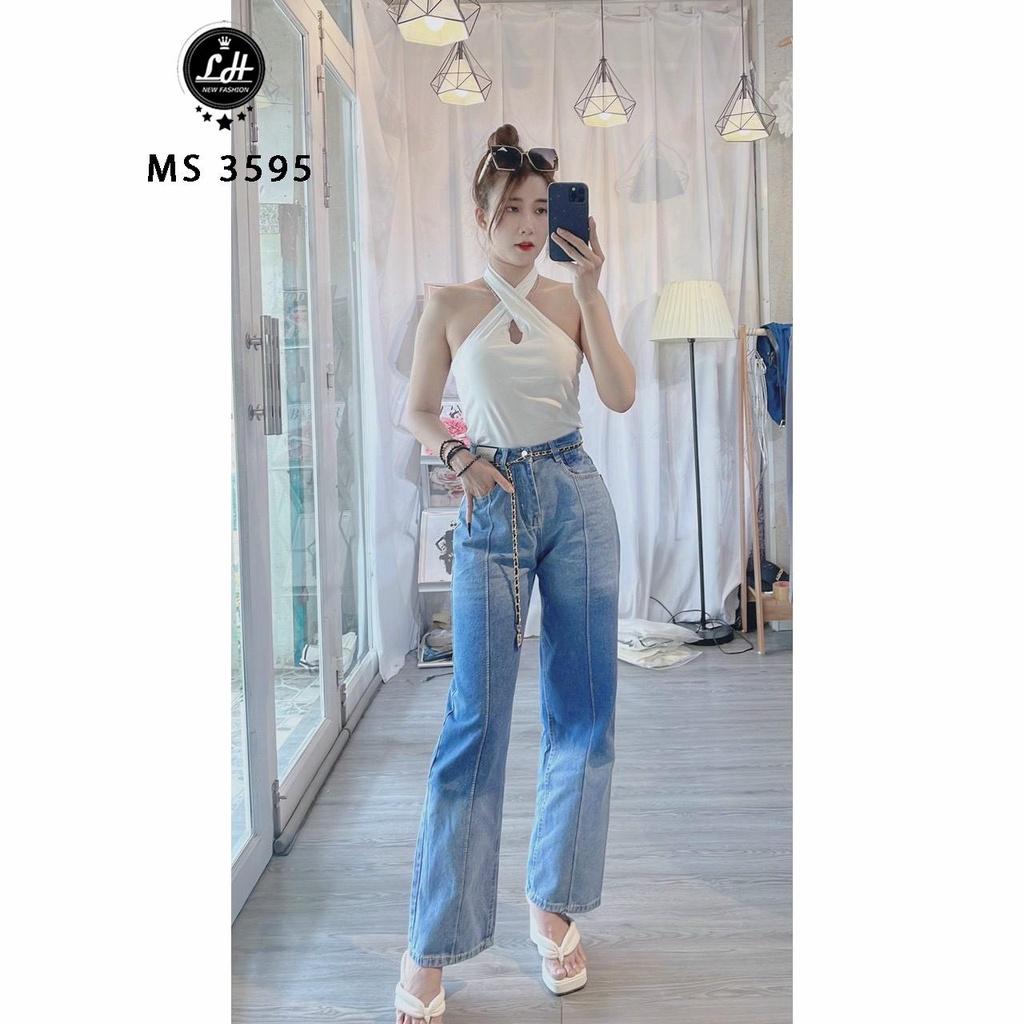 Quần jean nữ ống rộng, quần bò màu xanh loang xen kẻ  lưng cao có team đọc lạ Lê Huy Fashion MS 3595