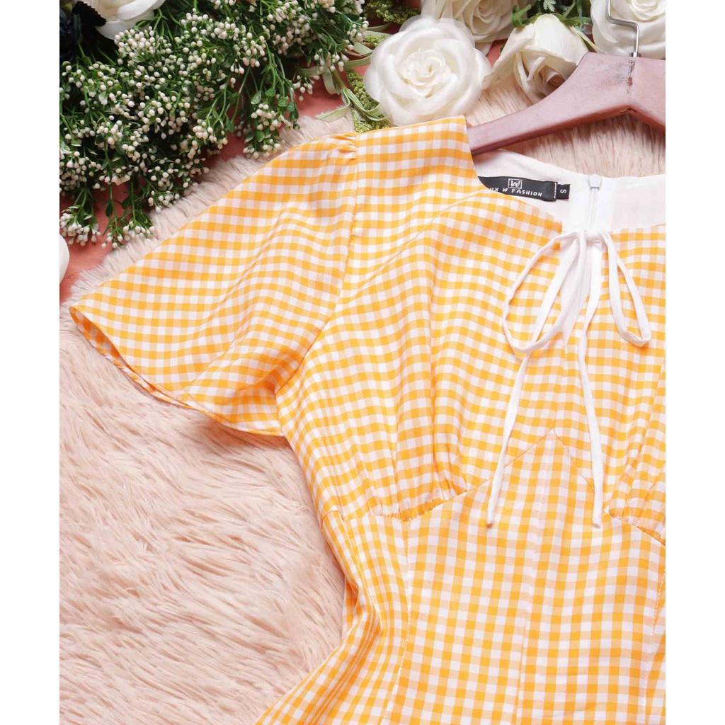 Đầm caro vàng công sở thiết kế đẹp dáng chữ a tay ngắn thời trang eo tôn dáng che bụng hợp đi làm đi chơi