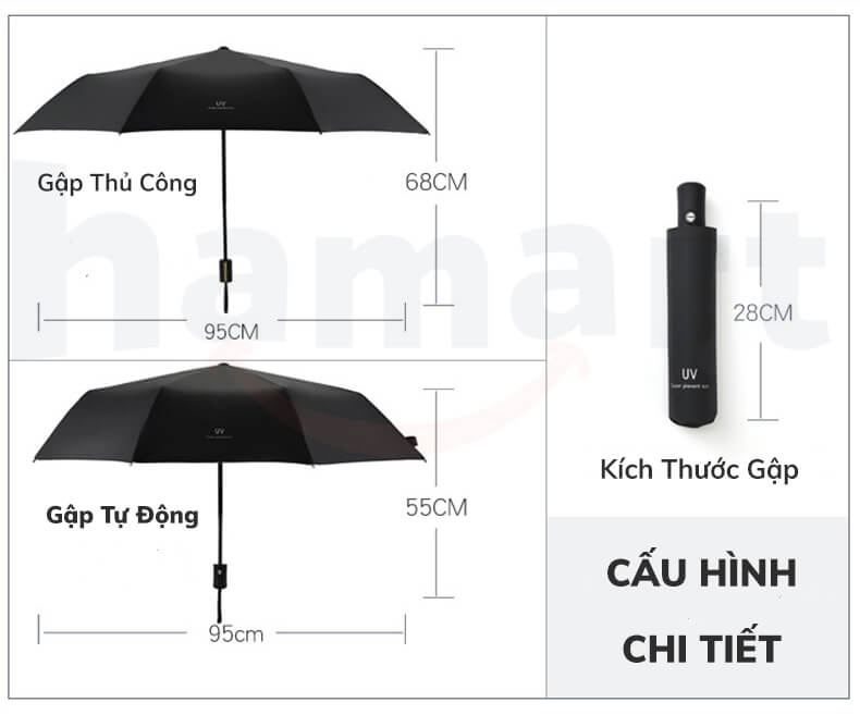 Ô Che Nắng Chống Tia UV Hamart 8 Nan Dù Tự Động Mini Che Mưa Phủ Vinyl Chống Thấm Cao Cấp