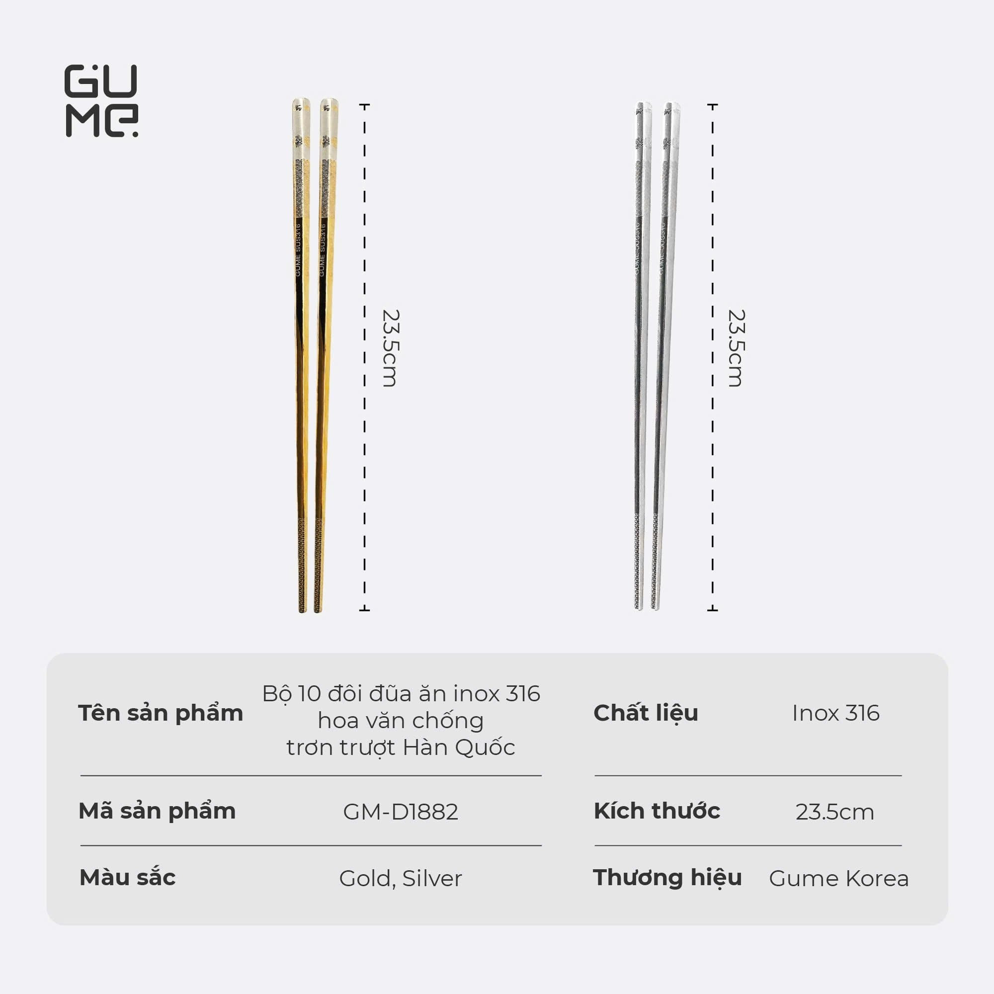 Bộ 10 đôi đũa ăn inox 316 hoa văn chống trơn trượt Gu Me Hàn Quốc GM-D1882 - An Toàn Cho Sức Khỏe