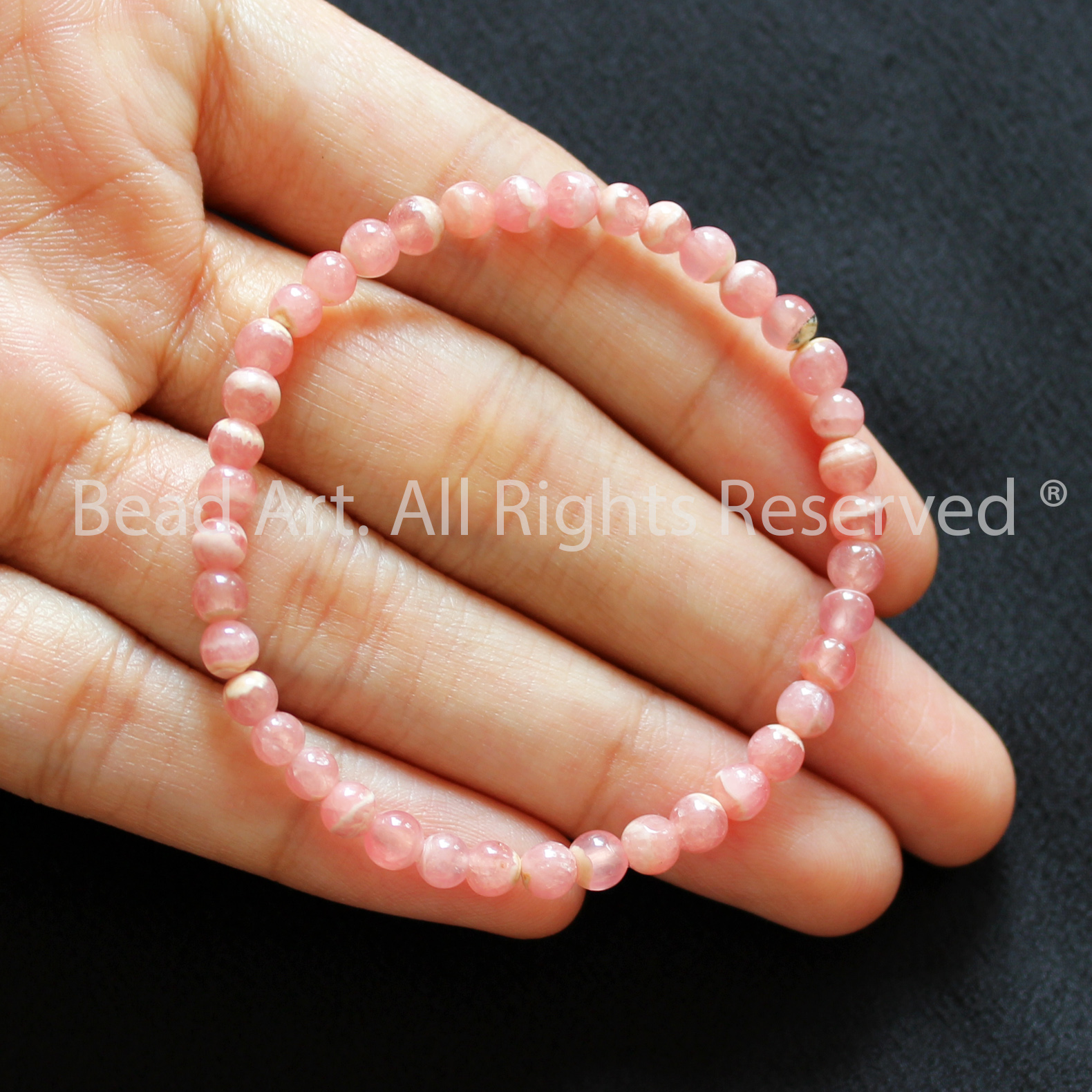 Vòng Tay 4MM Đá Đào Hoa Tự Nhiên Màu Hồng, Rhodochrosite Loại A Vân Trắng, Vòng Tay Phong Thuỷ, Chuỗi Hạt, Mệnh Hoả, Thổ - Bead Art