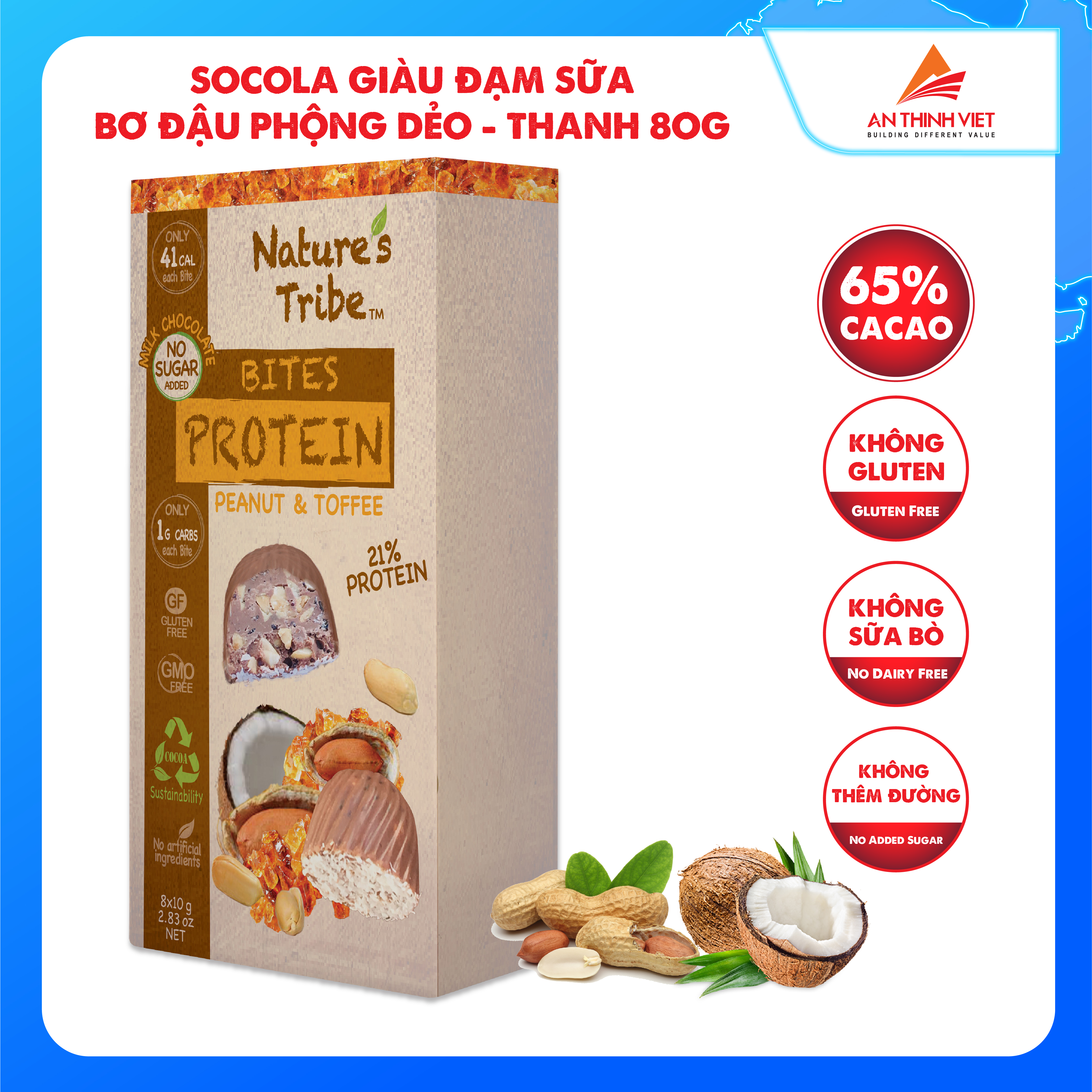 Socola giàu đạm đậu phộng &amp; toffee không thêm đường Nature's Tribe - Protein milk chocolate peanut &amp; toffee bites