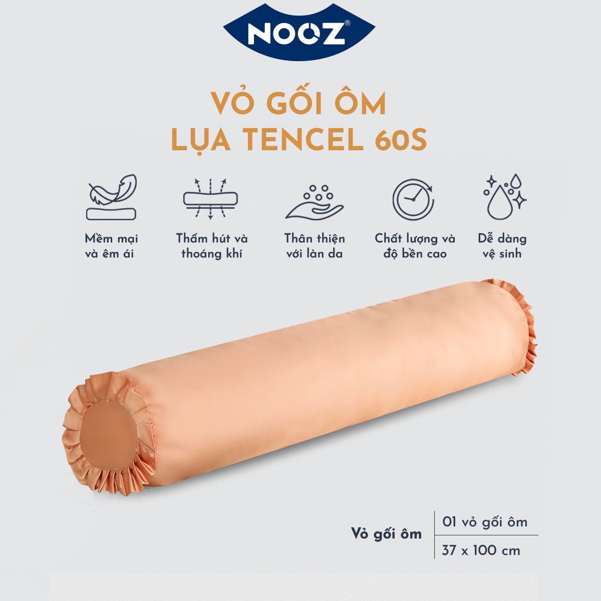 Vỏ Gối Ôm Lụa 60s NOOZ Bedding 37x100 cm Trơn Nhiều Màu Vải Mềm Mịn Kháng Khuẩn Bảo Vệ Làn Da