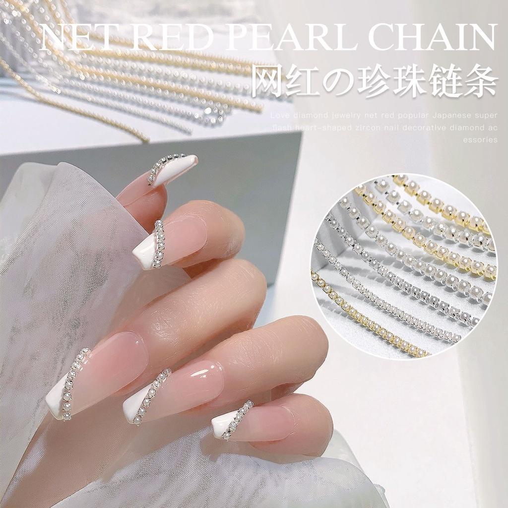 Charm xích nail hạt trai Yapas dây dài 25cm , Charm đính móng tay xích sắt hạt phụ kiện trang trí móng cao cấp