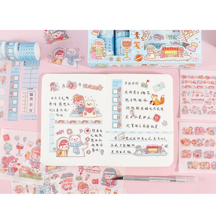 Hộp 19 Washi Tape Kèm 10 Miếng dán Sticker đẹp 10x10cm, kèm 1 bút cắt băng dính dán và ticker chuyên dùng giá siêu rẻ