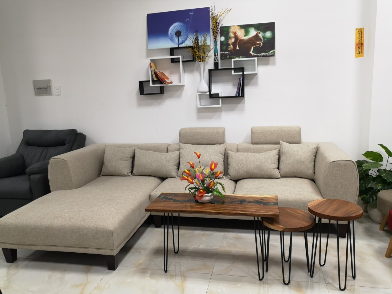 Sofa bed góc L Juno sofa màu kem, xám, xanh dương