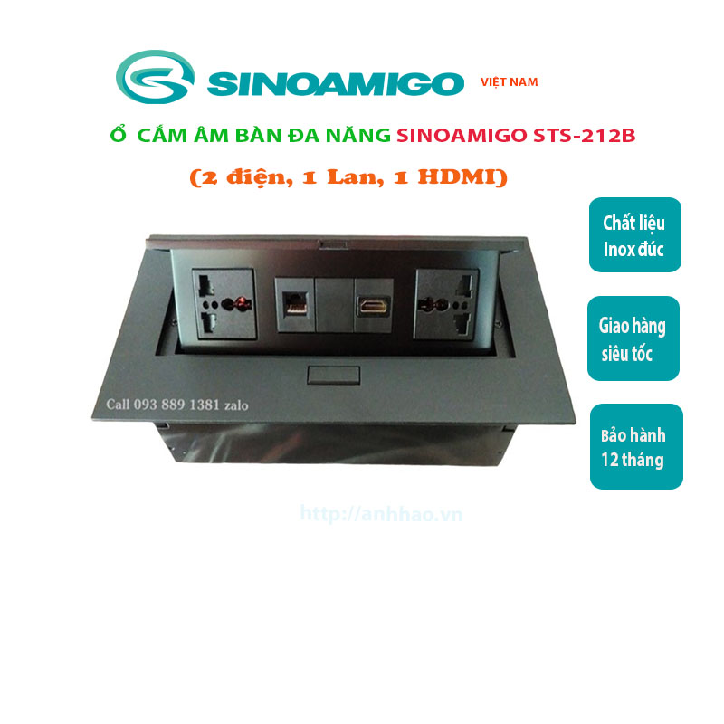 Ổ cắm âm bàn văn phòng đa năng Sinoamigo STS-212B màu đen - Hàng chính hãng