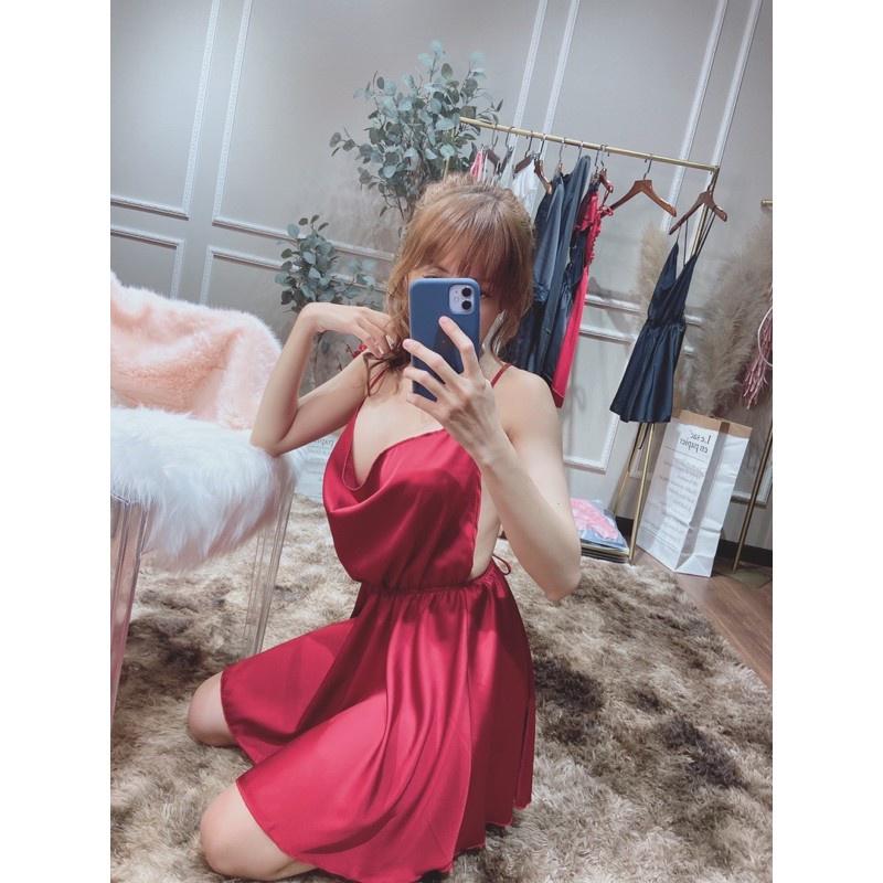 Váy ngủ nữ, váy 2 dây cổ đổ hở lưng chất lụa satin, có kèm quần ngắn bên trong, phom váy đẹp, gợi cảm cho phái nữ