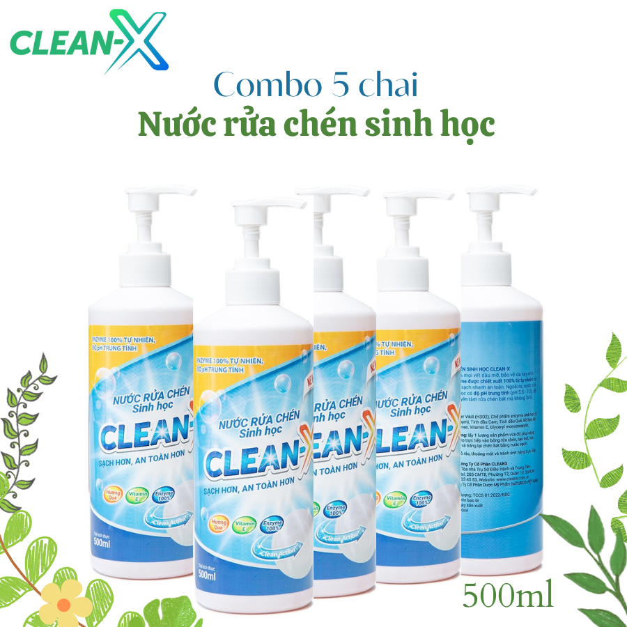 NƯỚC RỬA CHÉN BÁT SINH HỌC CLEANX 500ml - COMBO 5 CHAI 500ml