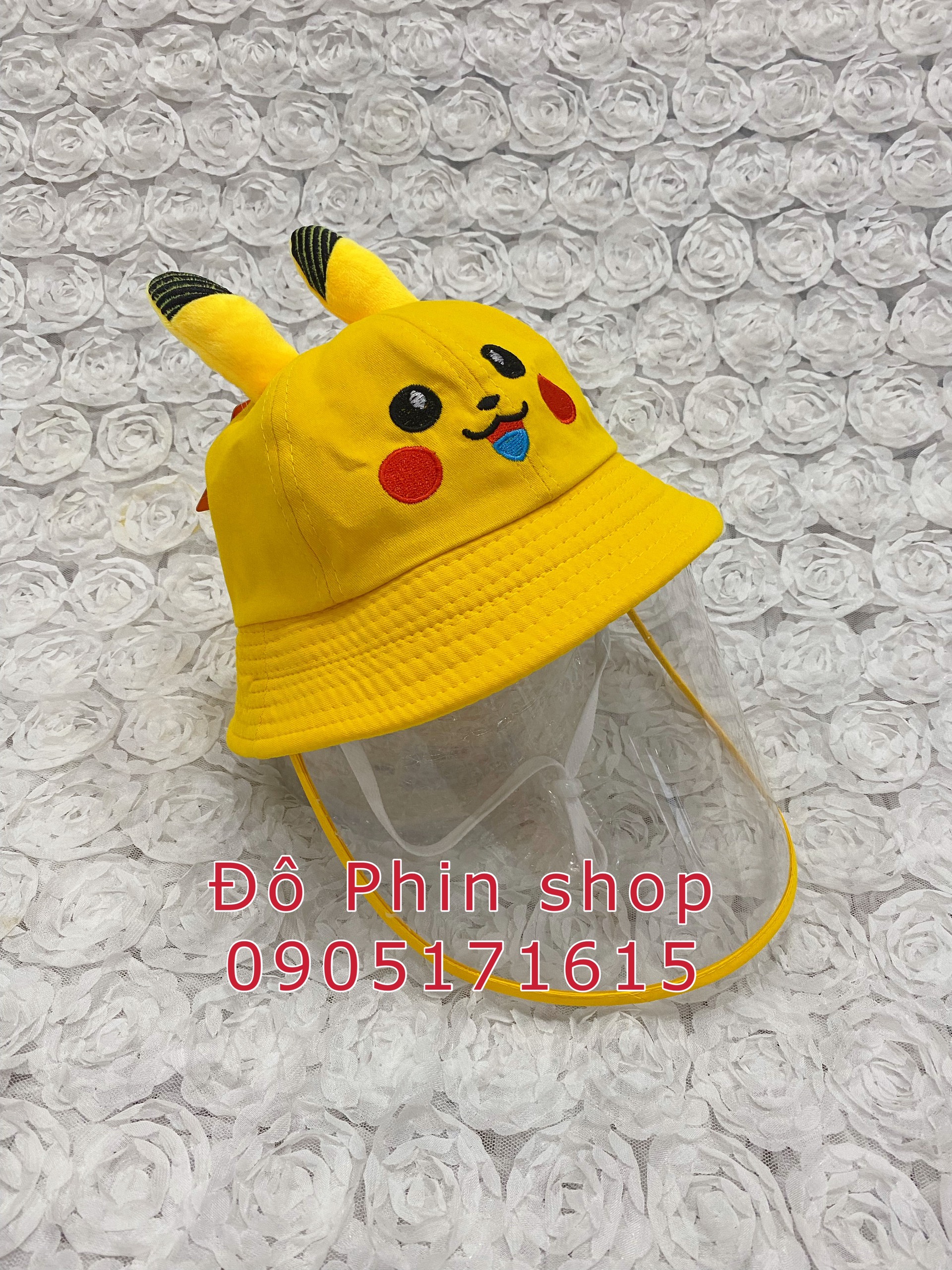 Mũ vành bucket Pikachu chống giọt bắn trẻ em, vòng đầu 52cm, có dây quai nón, tấm chắn có thể tháo rời làm nón thời trang cho bé