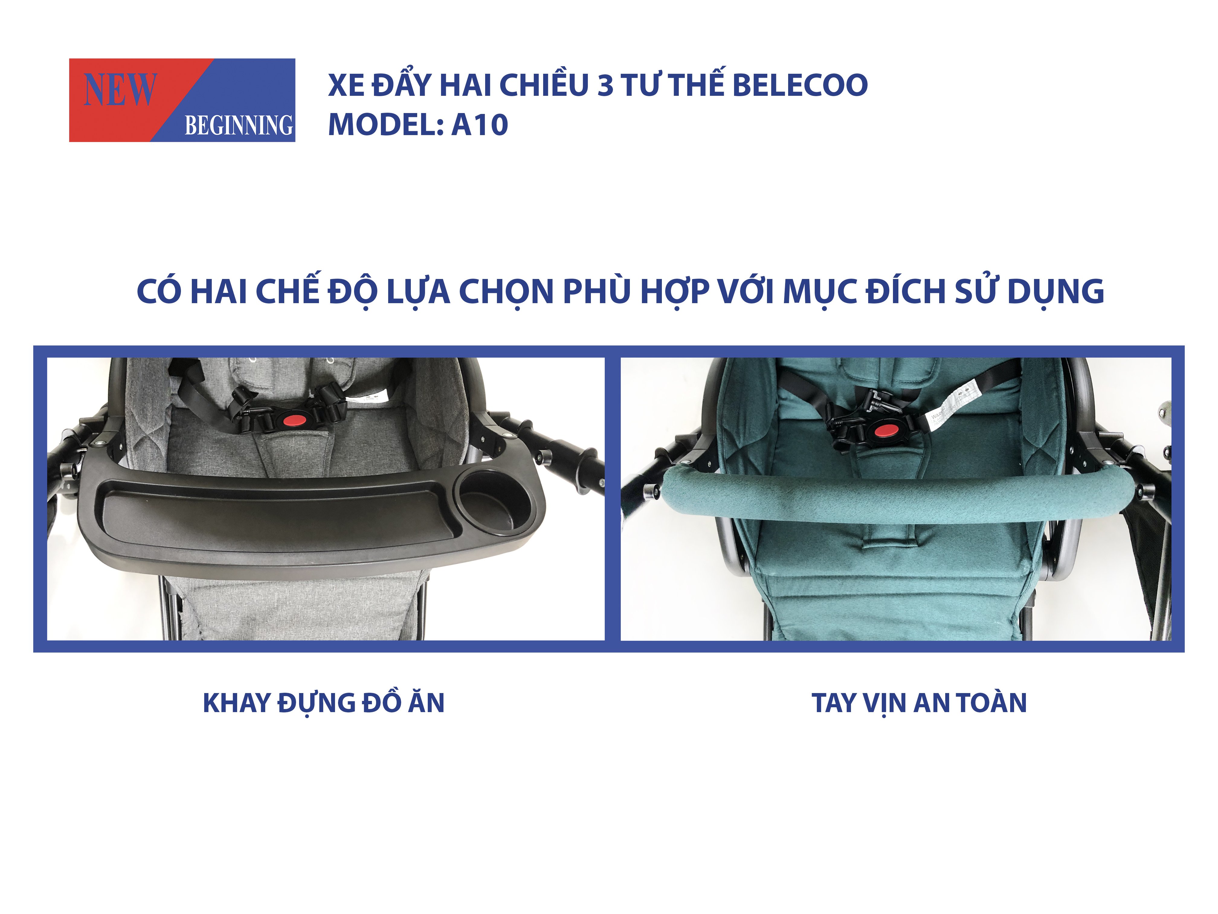 Xe đẩy 2 chiều 3 tư thế nằm, xe đẩy gấp gọn, thoáng khí - A10 - Belecoo