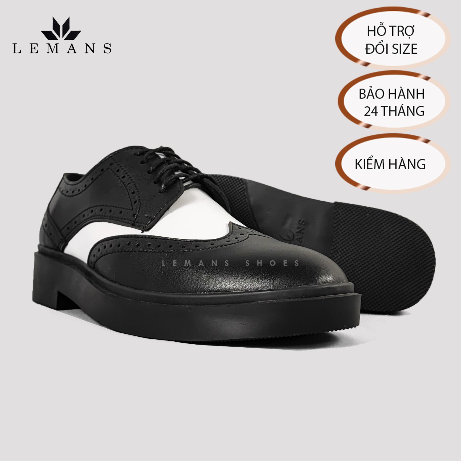 [TẶNG XI TRẮNG] Giày Derby Wingtip Black White LEMANS, Da bò đế Lemans tăng cao 4cm Bảo hành 12-24 tháng